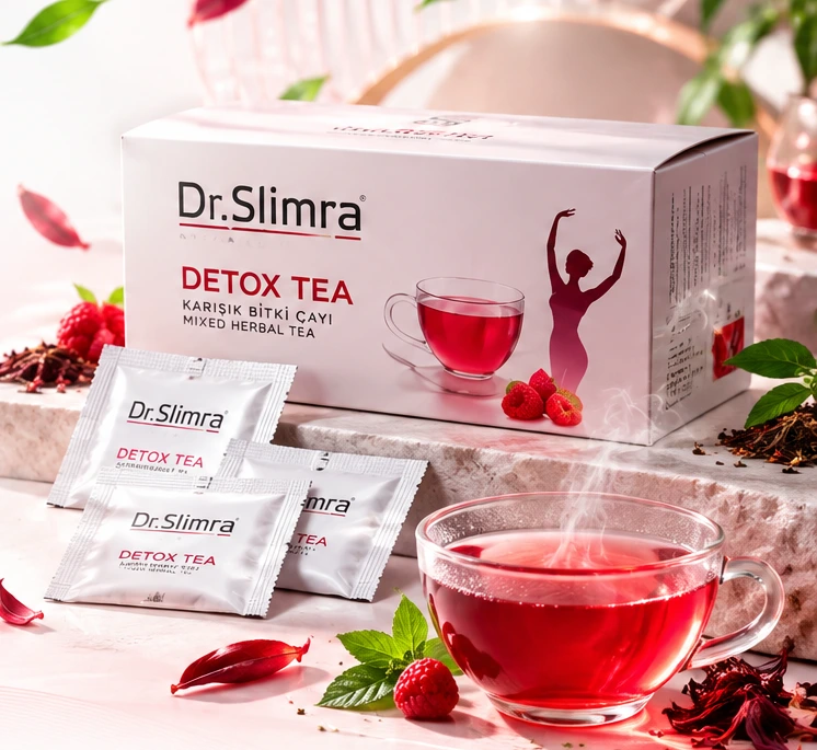 Dr.Slimra Detox Tea ürün kutusu ve bitki çayı
